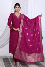 Stylee Wine Roman Silk Jacquard Kurta Set with Duptta
